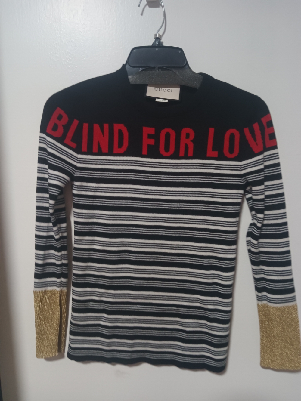 Gucci Black White Striped Crewneck Sweater with Red Script and Gold Cuffs XS